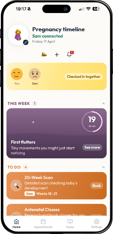 Home screen showing both parents checked in together with smiley avatars