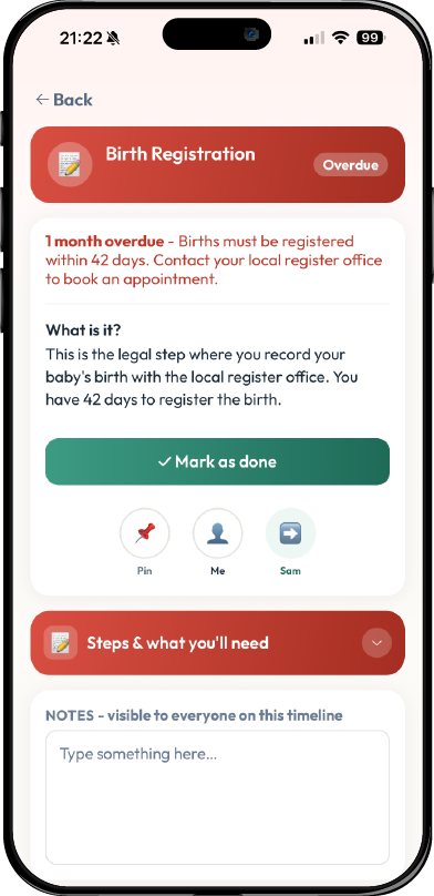 Birth Registration detail card with overdue banner and next steps